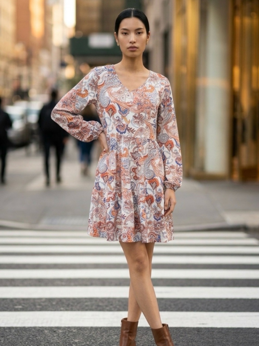Women's Paisley V-Neck Long Sleeve Dress in White and Orange